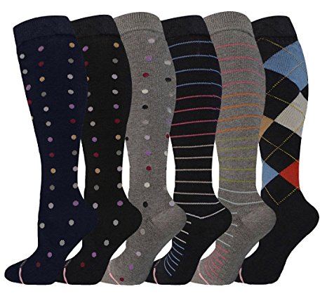 Ladies 6 Pair Pack Compression Knee-Hi Socks (Assorted 2)(Shoe size 4-10)