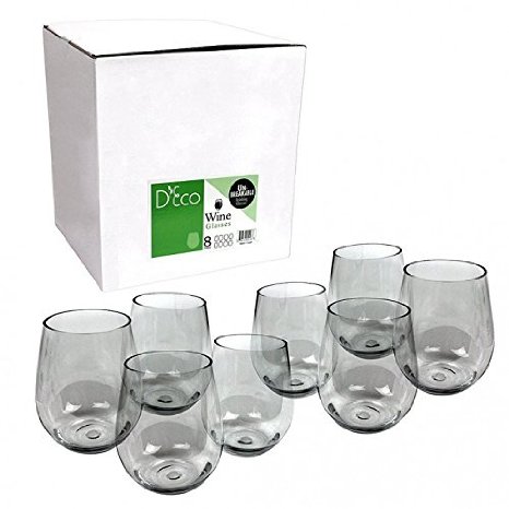 Unbreakable Wine Glasses - 100 Tritan - Shatterproof Reusable Dishwasher Safe Set of 8 Stemless by DEco