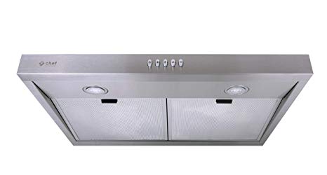 Chef 30” PS16 Under Cabinet Range Hood, Stainless Steel | Contemporary Modern Design, Mechanic Button Control, Aluminum Filters, LED Lamps, 4-Way Venting Options