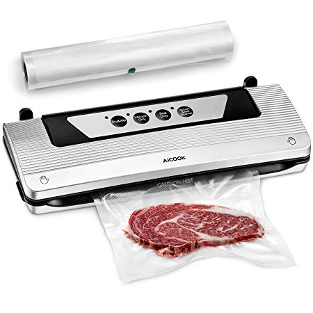 Vacuum Sealer, Aicook 4 in 1 Automatic Vacuum Air Sealing System For Food Preservation, with Starter Kit Rolls, Compact & Easy Clean, Dry & Moist Food Modes