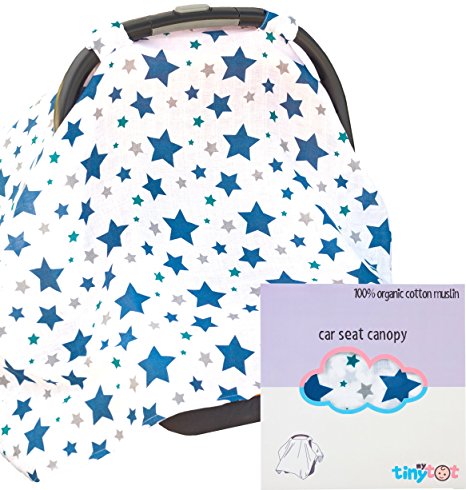 Car Seat Cover - 100% Organic Cotton - Canopy Style Cover Easily Attaches to Any Car Seat to Protect Baby From Sun or Wind, Made of Highest Quality Breathable Fabric, Cute Design for Boys