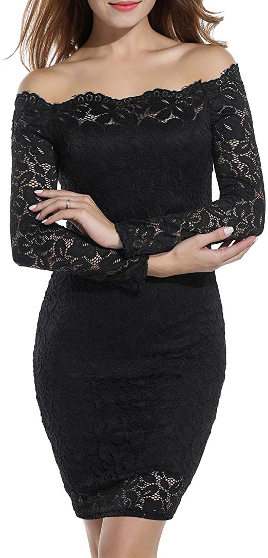 ACEVOG Women's Off Shoulder Lace Dress Long Sleeve Bodycon Casual Dresses