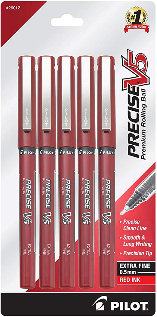 PILOT Precise V5 Stick Liquid Ink Rolling Ball Stick Pens, Extra Fine Point (0.5mm) Red Ink, 5-Pack (26012)