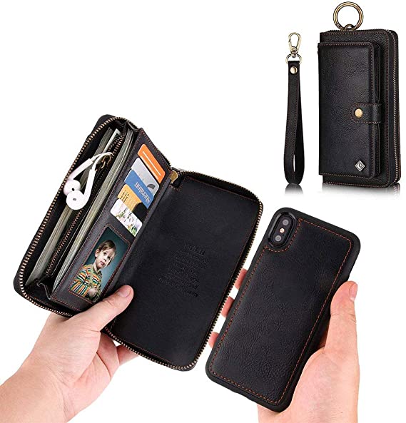 JAZ iPhone XS Wallet Case, iPhone X Wallet Case Zipper Purse Detachable Magnetic 13 Card Slots Money Pocket Clutch Leather Wallet Case Cover for iPhone X(2017) /iPhone XS(2018) 5.8 Inch - Black