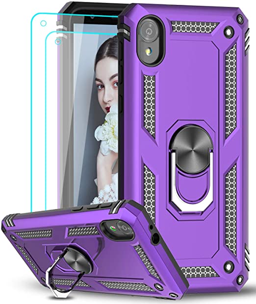 Motorola Moto E6 Case with [2 Pack] Tempered Glass Screen Protector, LeYi [Military-Grade] Defender Protective Phone Case with Magnetic Car Ring Holder Mount Kickstand for Motorola E6, Purple