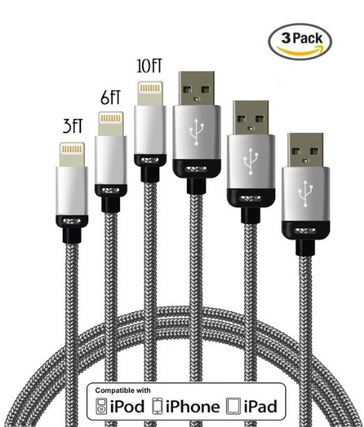 Winky(TM) 3Pack 3FT 6FT 10FT Extra Long Nylon Braided 8Pin to USB Power Cable Cord with Aluminum Heads for iPhone 6/6s/6 Plus/6s Plus/5/5c/5s, iPod Nano 7 iPod Touch 5 (Grey)