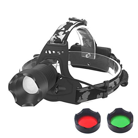 Tactical LED Headlamp Flashlight, Hunting Headlight Zoomable 3 Colors Exchange Red Light Green Light Lens and White Light Headlamp for Camping Hiking Fishing