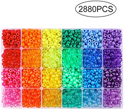 Quefe 2880pcs Large Hole Beads Rainbow Beads Plastic Beads 6 x 9mm 24 Colors 4 Styles Round Beads Set for DIY Jewelry Making