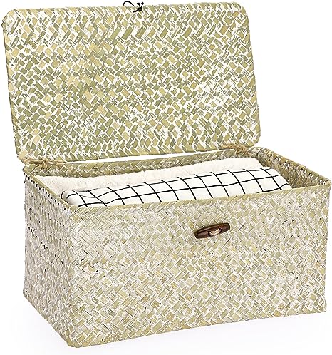 Hipiwe Seagrass Storage Basket Bins with Lid, Handwoven Wicker Shelf Baskets Bin Rectangular Household Basket Organizer Boxes for Shelf Closet Bathroom Bedroom Home Decor, Whitewash Medium