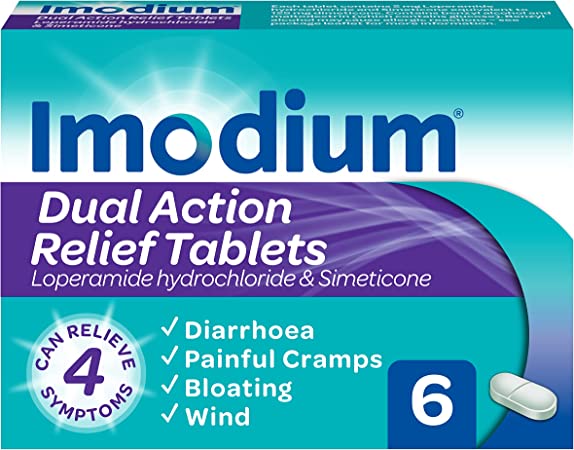 Imodium Dual Action, Relief from Diarrhoea Plus Painful Cramping Bloating Wind, 6 Tablets