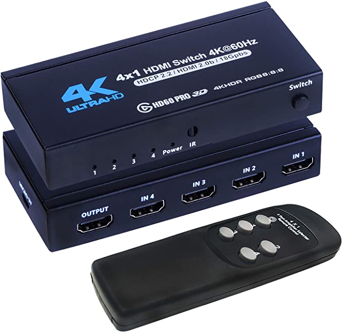 4K HDMI Switch 4x1, 4K@60Hz 4 in 1 Out HDMI Switcher Selector with IR Remote Control, Supports HDCP 2.2 4K@60Hz UltraHD HDR10 3D HD1080P Dolby DST, HDMI Splitter for PS4 Xbox Apple TV Fire Stick