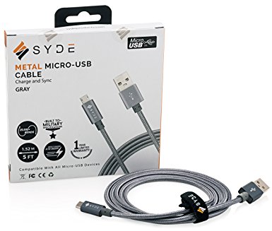 SYDE METAL Braided Micro USB Cable 2.0 (5ft) - Reinforced, Quick Charge 3.0 Compatible, Premium, Military-Grade, Double-Nylon Braided, rapid charger for Samsung, Nexus, Motorola, Android (Gray)