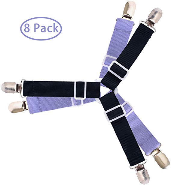 Brosive 8Pcs Triangle Bed Sheet Holder Straps,Bed Sheet Fasteners Adjustable Elastic Suspenders Gripper Holder Straps Clip for Bed Sheets(8Pack,Black,Purple)