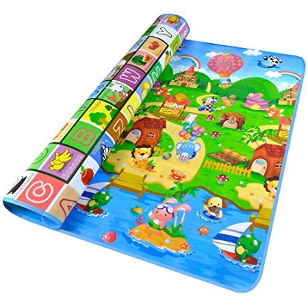 Fani Toddler Play Crawl Mat Baby Playmat Thick&Large Double Sides Non-Toxic Non-Slip Reversible Waterproof Portable Mat Use for Outdoor/Picnic/Beach/Travel (Fruit Alphabet, 79Inch by 71Inch)