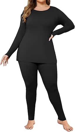 Ekouaer Plus Size Womens Long Underwear Set Oversize Thermal Set Lightweight Base Layer Pajamas 2 PCS Warm Tops & Bottom