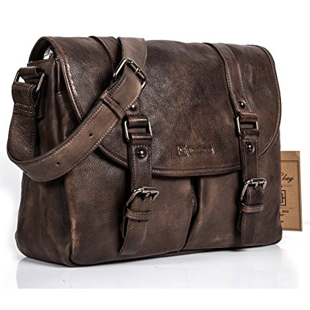NiceEbag Briefcase Men Messenger Bag Retro Style Genuine Leather Bag Shoulder Bag Fits Up 15.6 Inch Laptop (Bronze)