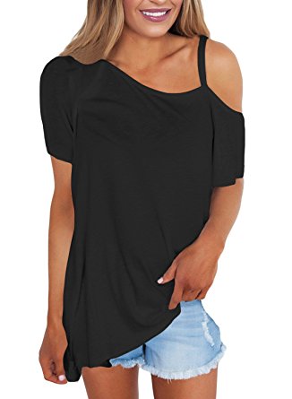 Annflat Women's Cold Shoulder Short Sleeve Shirts Asymmetrical Hem Loose Fit Tunic Tops