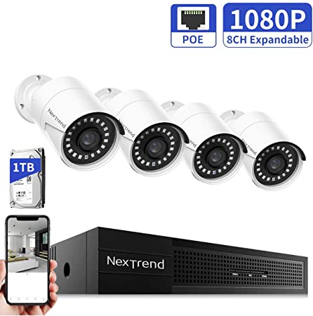 PoE Outdoor Security Camera System - 4pcs Wired Home PoE Video Surveillance Cameras 8 Channel NVR with 1TB Hard Drive for 24/7 Recording Ring Security Camera System Night Vision