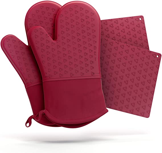 Cosy House Collection 4-Piece Oven Mitt & Pot Holder Set - Non-Slip Silicone & Cotton 500°F Heat Resistant Trivet Cooking Gloves- for Cooking & Baking (Red)