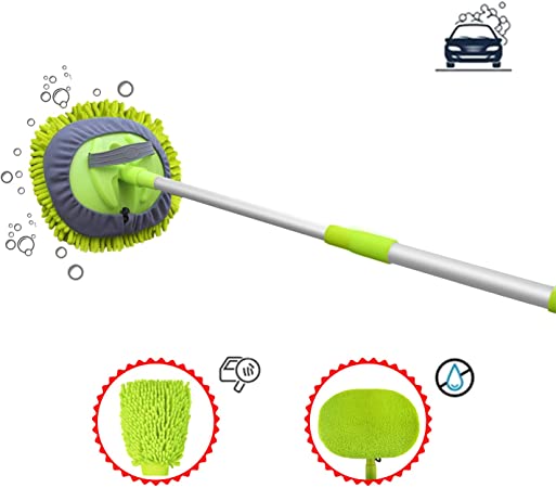 Car Wash Brush with Handle kit 2-in-1 Chenille Microfiber Wash Mop Scratch Free Cleaning Tool Car Supplies for Truck, RV, SUV(24in-46.46in Extension Pole, Chenille & Coral Fleece Replaceable Mophead)