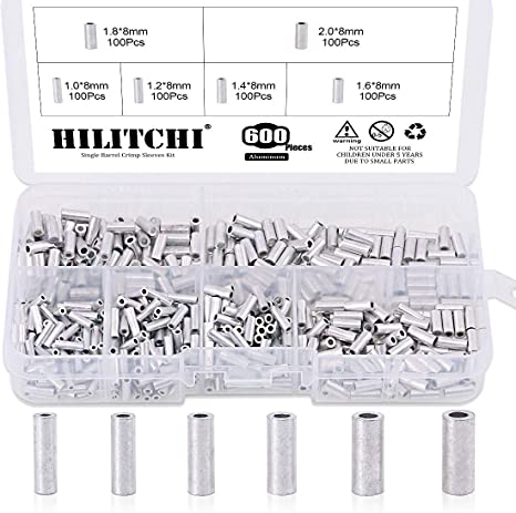 Hilitchi 600 Pcs 6 Sizes Single Barrel Crimp Sleeves Mini Aluminum Crimp Sleeves Connector Kit for Fishing Line for 1.0, 1.2, 1.4, 1.6, 1.8, 2mm Fishing Wire Dia.