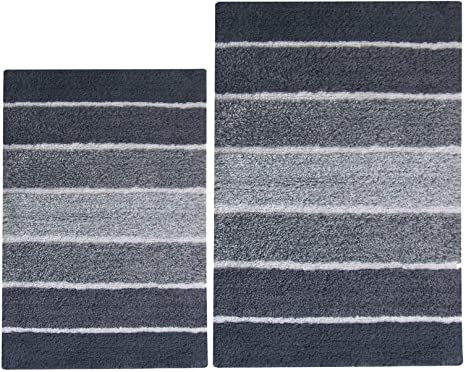 Chardin Home - 100% Pure Cotton - 2 Piece Cordural Stripe Bath Rug Set, (24''x40'' & 21''x34'') Gray-Charcoal with Latex spray non-skid backing