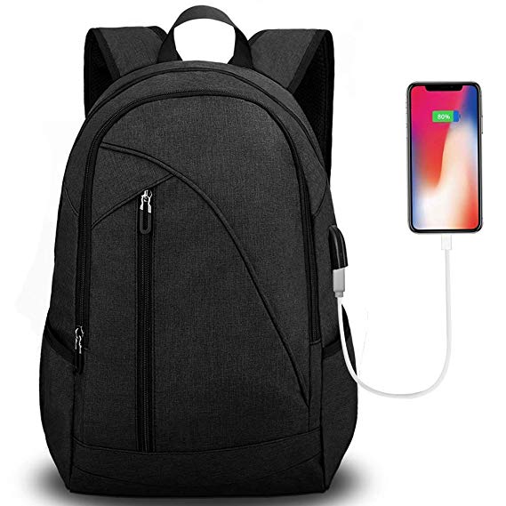 Tocode Water Resistant Laptop Backpack with USB Charging Port Headphone Port Fits up to 16-Inch Laptop Computer Backpacks Travel Daypack School Bags for Men and Women Black