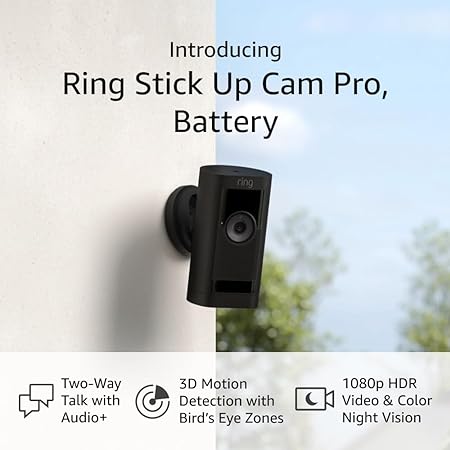 Introducing Ring Stick Up Cam Pro Battery | Two-Way Talk with Audio , 3D Motion Detection with Bird’s Eye Zones, and 1080p HDR Video & Color Night Vision (2023 release), Black