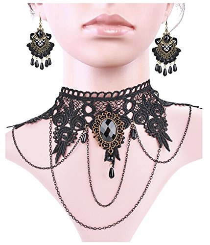 Aniwon Punk Wedding Party Black Lace Choker Beads Chain Pendant Necklace Earring Bracelet for Women