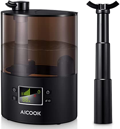 AICOOK Humidifiers, 60 Hours Large Room Cool Mist Humidifier, 360° Dual Nozzles with Collapsible Pipe, Top Fill Ultrasonic Humidifiers for Bedroom&Baby Room, Ultra Quiet, Auto Shut-Off&Timer Function