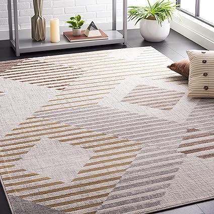 SAFAVIEH Palma Collection Area Rug - 5'5" x 7'7", Beige & Light Grey, Mid-Century Modern Geometric Stripe, Non-Shedding & Easy Care, Ideal for High Traffic Areas in Living Room, Bedroom (PAM328A)