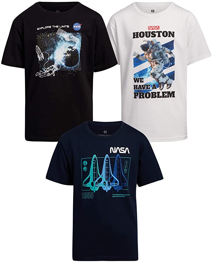 C-Life NASA Boys’ Graphic T-Shirt 3 Pack: Large Astronaut & Spaceship Designs (Toddler/Little/Big Kids)