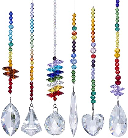 H&D Colorful Crystals Glass Pendants Chandelier Suncatchers Prisms Hanging Ornament Octogon Chakra Crystal Pendants for Home,Office,Garden Decoration,Pack of 6