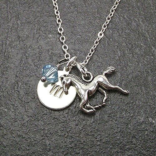 Custom Horse Necklace with Simulated Pearl Crystal from Swarovski Letter Initial Disk Charm