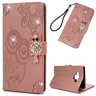 Galaxy Note 9 Case, Wallet Flip Folio Case Kickstand Card Slots Wrist String Embossed Cute Owl Diamond PU Leather Wallet Shockproof Soft TPU Rubber Bumper Slim Phone Cover for Samsung Galaxy Note 9