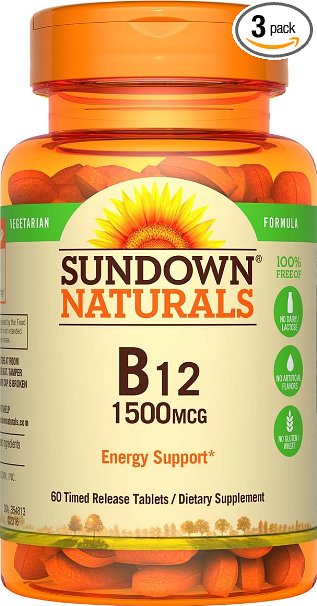 Sundown Naturals Vitamin B-12 1500 mcg, 60 Time Release Tablets (Pack of 3)