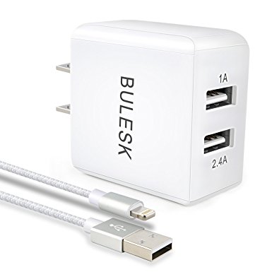 BULESK iPhone Wall Charger, 24W 3.4A Dual Port USB Travel Wall Charger Adapter with 6ft Lightning Cable Charging Cord for iPhone X/ 8/ 7/ Plus/ 6s/ 6 Plus/ SE/ 5S/ 5/ iPad Pro Silver