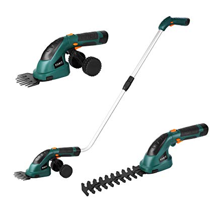 Fixkit 7.2V 2 in 1 Cordless Grass and Hedge Trimmer, 2 Interchangeable Blades, Telescopic Handle & Trolley Wheel Attachments