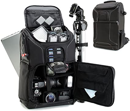 USA GEAR SLR Camera Backpack Case (Black) - 15.6 inch Laptop Compartment, Padded Custom Dividers, Tripod Holder, Rain Cover, Long-Lasting Durability and Storage Pockets - Compatible with Many DSLRs