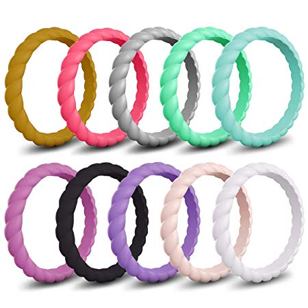 Mokani Silicone Wedding Ring for Women, 10/4/1 Pack Thin and Braided Rubber Band, Fashion, Colorful, Comfortable fit, Skin Safe