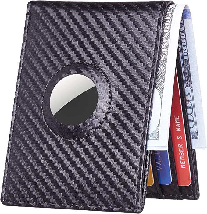 Hawanik Mens Bifold Wallet for AirTag Carbon Fiber Texture, Slim RFID Blocking Wallet with Built-in Holder for AirTag