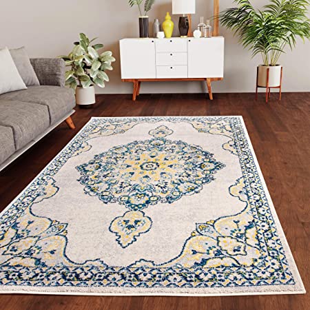 Super Area Rugs Traditional Medallion Area Rug, 3' 3" X 5', Beige, Teal and Yellow