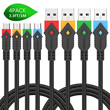 Micro USB Cable Android Charger - Foxsun [4-Pack 3.3 ft] Nylon Braided Android Charging Cord for Samsung, Kindle, HTC, Nexus, LG, Sony, Nokia, Motorola, PS4, Smartphones(Red, Orange, Blue, Green)