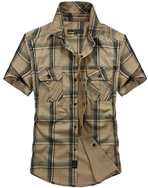 CHARTOU Mens Essential Button-Up Spread Collar Short-Sleeve Plaid Military Tactical Work Shirts