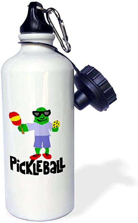 3dRose Funny Green Pickle Holding Pickleball Paddle and Ball-Sports Water Bottle, 21oz , 21 oz, Multicolor