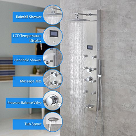 Decor Star 034-SS 51" Stainless Steel Rainfall Shower Panel Rain Massage System Faucet with Jets & Hand Shower