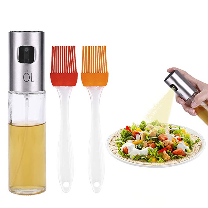 HDE Olive Oil Sprayer with Brushes Cooking Mister Non-Aerosol Glass Bottle with Stainless Steel Clog Free Spray Top with Two Included Silicone Brushes