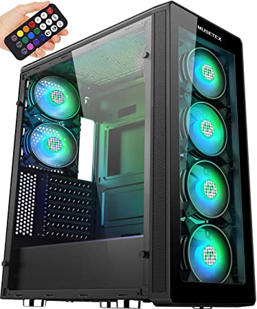 MUSETEX ATX Mid-Tower Case with 6 Pcs RGB Fans - 2 × USB 3.0 Tempered Glass Panels - PC Gaming Case with Remote Control, Decent Cable Management/Airflow （T400-MN6）