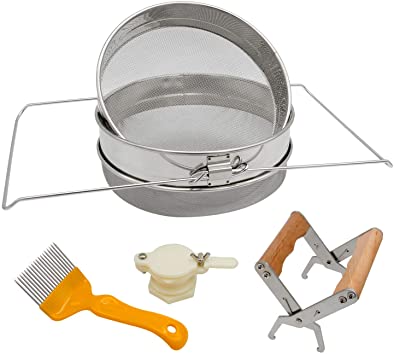 Blisstime Honey Strainer Double Sieve Stainless Steel Honey Harvesting Starter Kit | Set of 4 -Double Sieve Honey Strainer Beekeeping Supplies, Frame Holder, Honey Gate Uncapping Fork