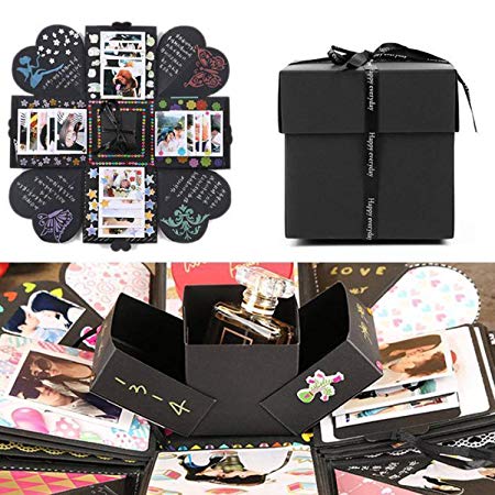 EKKONG Creative Photo Album Box, DIY Handmade Photo Album Scrapbooking Gift Box for Birthday Party (Black)